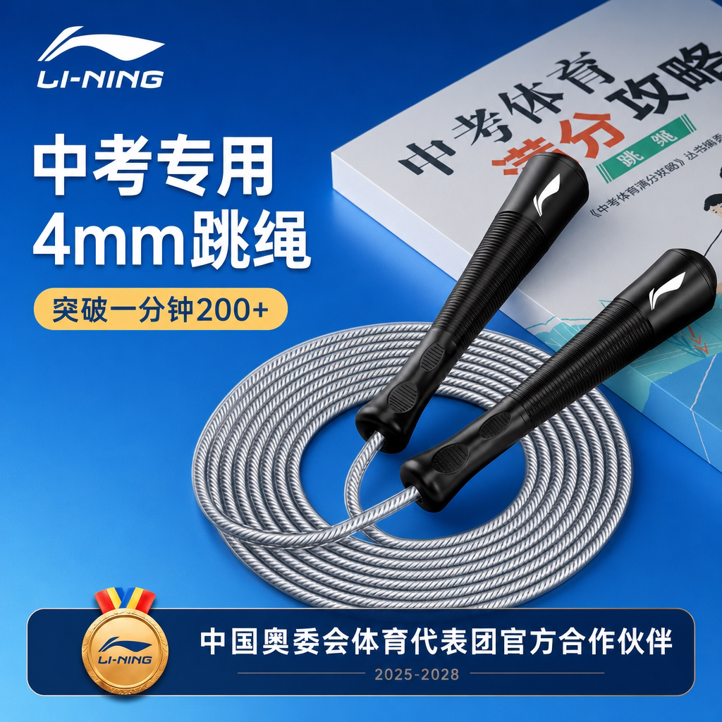 李宁中考专用跳绳4mm钢丝绳2025