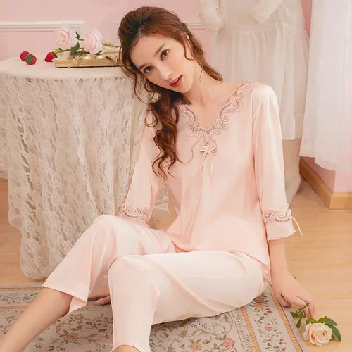 性感蕾丝睡衣套装女中袖丝绸两件套冰丝薄款家居服轻奢