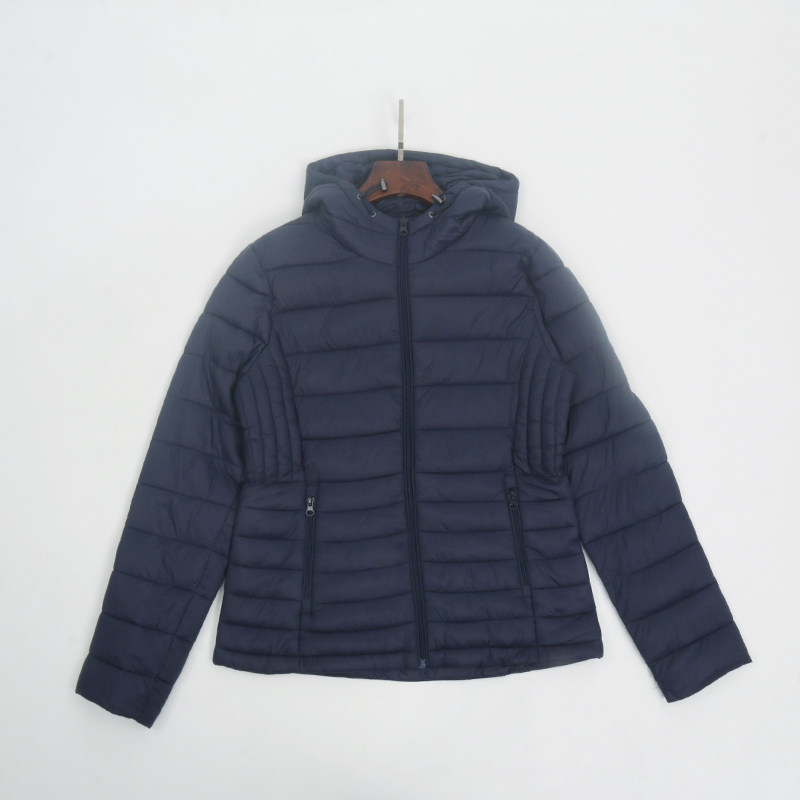 外贸藏青连帽轻薄棉服女士冬季短款修身绗缝棉衣防风保暖休闲夹克