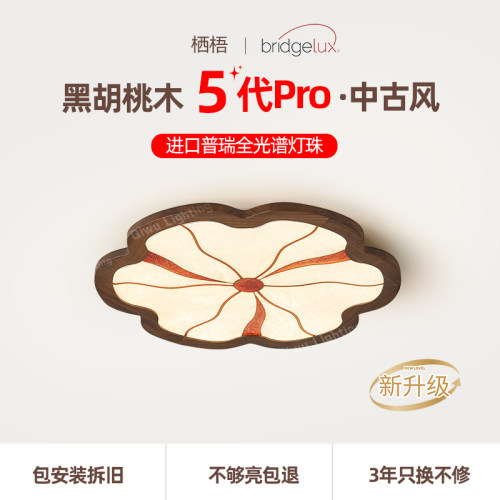 栖梧2026新款卧室灯中古风胡桃木吸顶灯书房护眼全光谱LED灯具