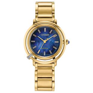 代购Citizen西铁城女士腕表光能防水三针日历金色钢带蓝盘镶钻