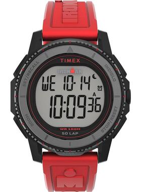 代购Timex天美时男士腕表计时夜光闹钟双时区红色橡胶带防水
