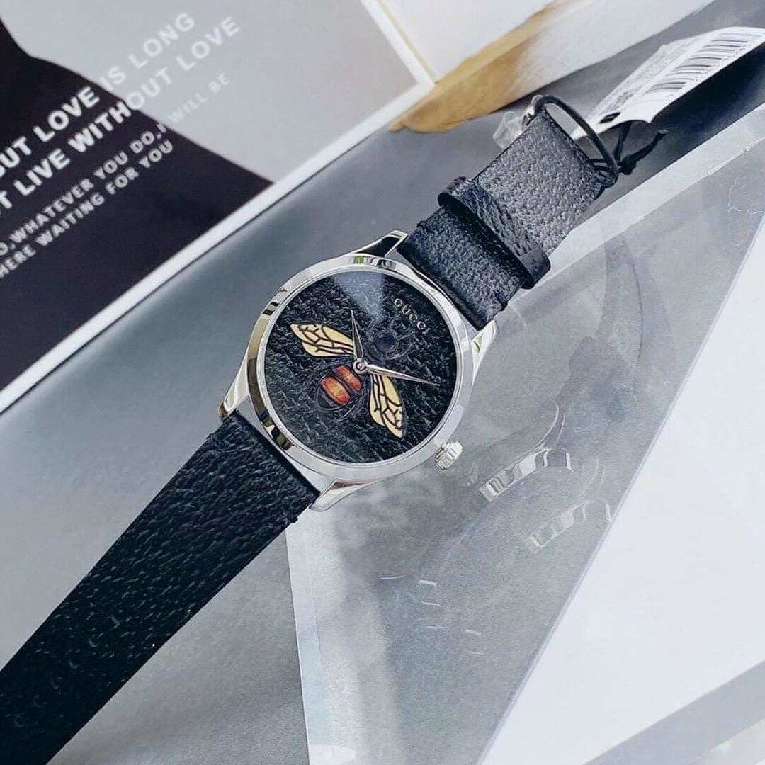 代购Gucci古驰 G-Timeless 黑色表盘刺绣小蜜蜂皮带女士手表YA12