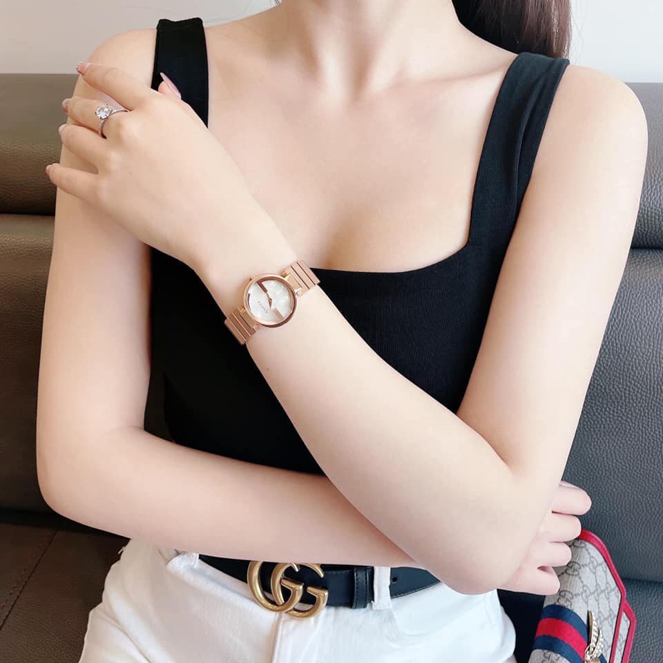 正品代购GUCCI古驰玫瑰金经典双G贝母盘时尚石英钢带女表YA133515