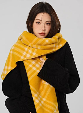 黄色格子连帽围巾女冬季帽子一体韩系2025新款高级感格纹学生围脖