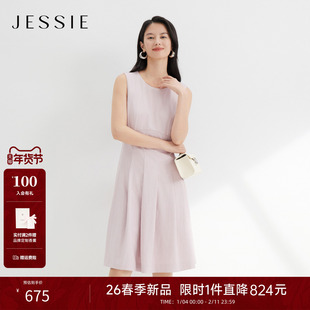 JESSIE知性风收褶无袖连衣裙女气质圆领中长百褶裙2026年春季新款