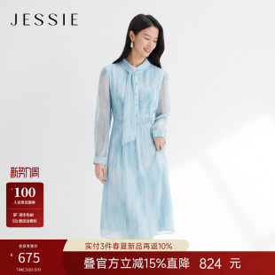 翻领中长A字裙 长袖 JESSIE千金风飘带领雪纺印花连衣裙女春季 新款