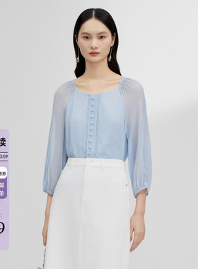 JESSIE2026夏季新款桑蚕丝拼接衬衫女方领九分袖直筒通勤蓝色上衣