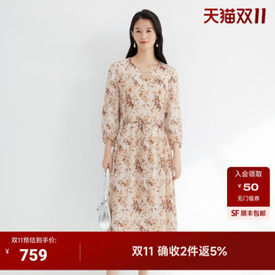 JESSIE长袖连衣裙高腰职场印花中套头V领七分袖A字裙