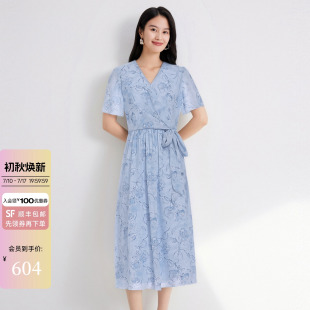 JESSIE知性优雅印花连衣裙女短袖V领收腰显瘦收褶A字裙26夏季新款