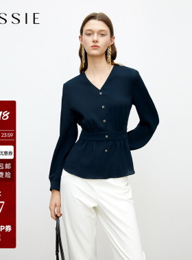 JESSIE2026年春季新款高级感蓝色衬衫女长袖收腰V领气质百搭上衣