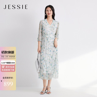 JESSIE浪漫度假风碎花连衣裙女收腰七分袖荷叶边V领中长裙夏新款