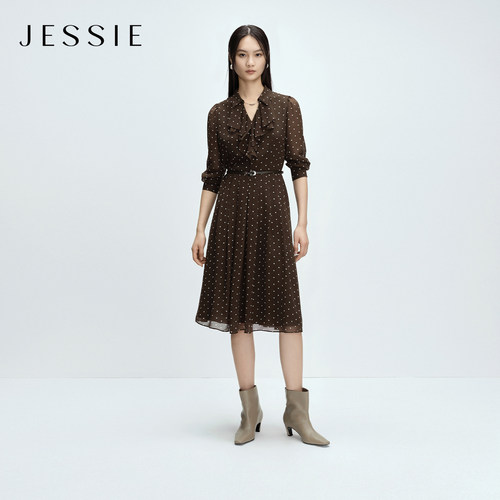 JESSIE复古波点雪纺收腰连衣裙女