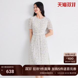 JESSIE法式收腰清新印花连衣裙女花边圆领短袖度假裙2026夏季新款