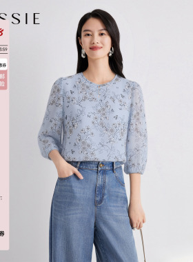 JESSIE典雅蓝色印花雪纺衫女七分灯笼袖圆领亲肤透气上衣夏季新款