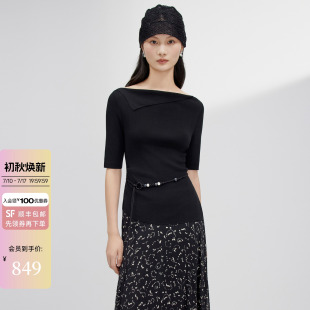 JESSIE新款套头女士毛衣针织衫职场修身型淑女一字领五分袖通勤风