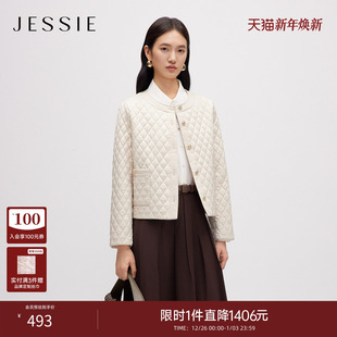 JESSIE菱格纹绗缝棉服女加厚保暖圆领正肩夹棉外套2025年冬季 新款