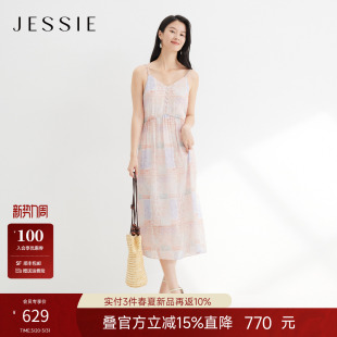 JESSIE波西米亚风印花吊带连衣裙女春夏新款 海边度假收腰长裙2026