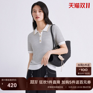 JESSIE通勤百搭条纹针织衫女款短袖翻领套头POLO衫2026年夏季新款