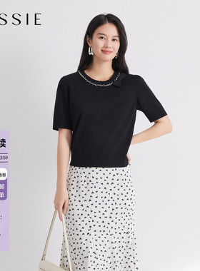 JESSIE休闲百搭黑色毛衫女烫钻圆领短袖修身显瘦上衣2026年夏新款
