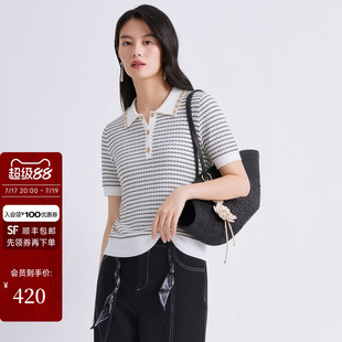 JESSIE通勤百搭条纹针织衫女款短袖翻领套头POLO衫2026年夏季新款