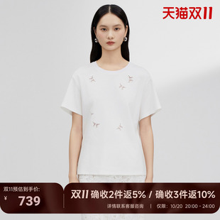 JESSIE莱赛尔棉麻镂空短袖T恤女纯白色圆领百搭通勤上衣夏季新款