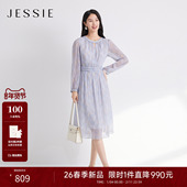 新款 JESSIE气质优雅雪纺印花连衣裙女长袖 收腰钉珠圆领中长裙春季