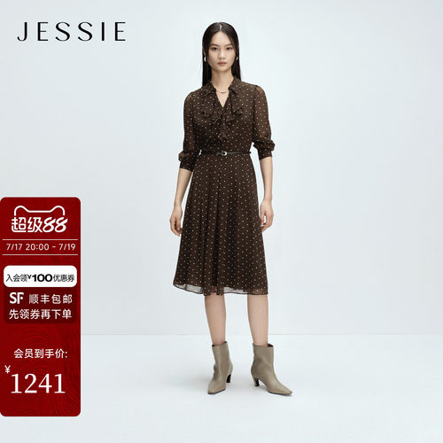 JESSIE复古波点雪纺收腰连衣裙女