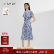 新款 JESSIE通勤休闲风印花连衣裙女短袖 系带收腰中长裙2026年夏季