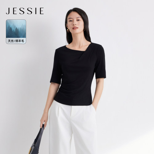 JESSIE莱赛尔羊毛极简风黑色T恤