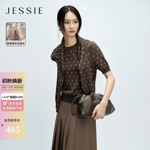JESSIE绵羊毛短袖复古波点毛衫女