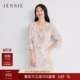 新款 JESSIE褶边装 26夏季 雪纺小衫 饰感印花上衣女系带荷叶领七分袖