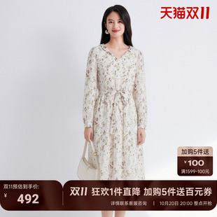 JESSIE秋季长袖收腰连衣裙女印花中长裙茶歇法式碎花通勤风女裙