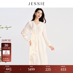 JESSIE气质浪漫蕾丝连衣裙女春季新款花边V领中长款长袖裙子