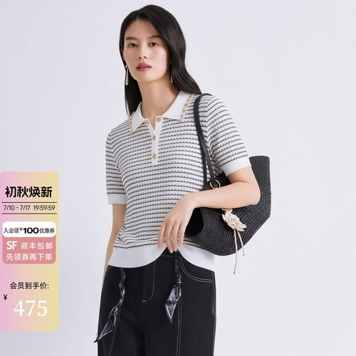 JESSIE通勤百搭POLO领条纹针织衫