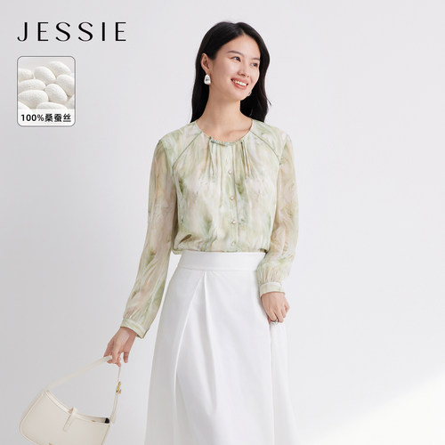 JESSIE新中式真丝印花衬衫小上衣