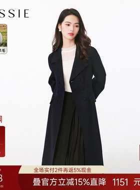 JESSIE气质翻领双排扣中长款毛呢外套女冬装新款蓝色保暖大衣