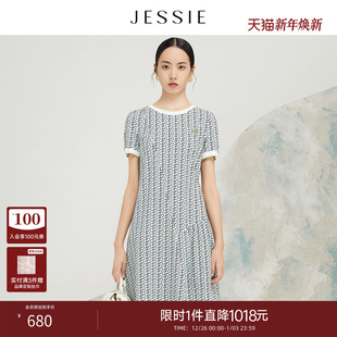 气质收腰连衣裙女士撞色圆领印花裙中长款 JESSIE夏季 商场同款