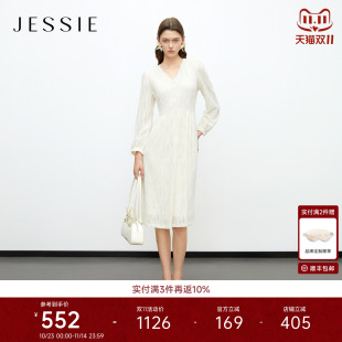 收腰2025年秋冬新款 JESSIE法式 提花蕾丝镂空连衣裙女波浪V领长袖