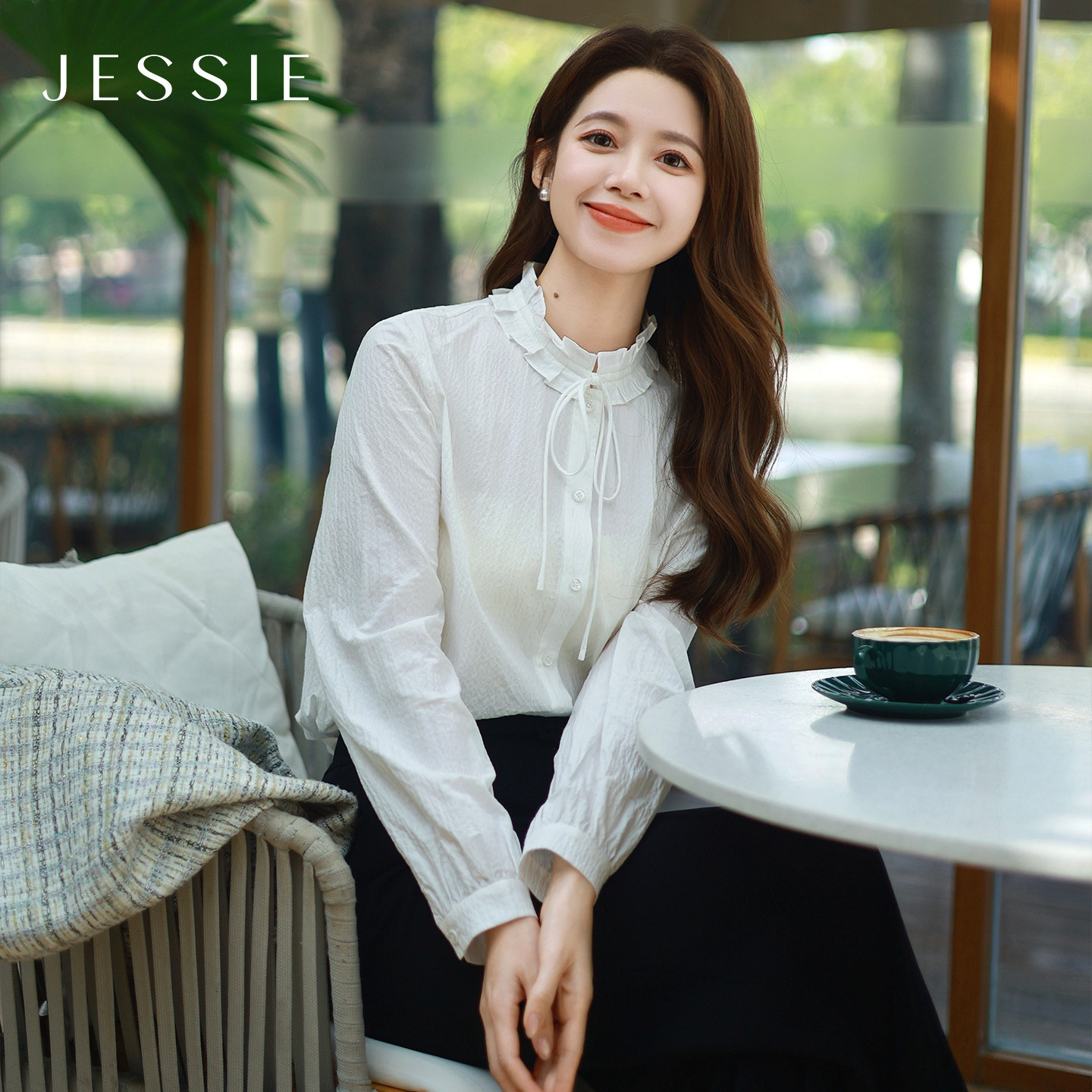 【博主同款】JESSIE法式荷叶领长袖衬衫女优雅白色上衣26春季新款