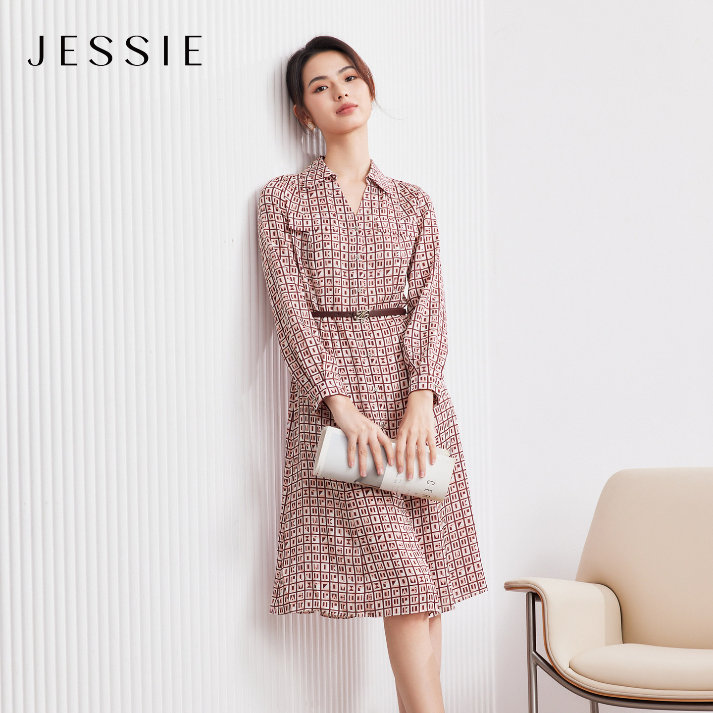 JESSIE法式复古长袖收腰修身连衣裙春款优雅通勤气质衬衫裙