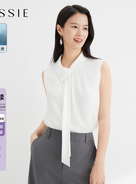 【100%莱赛尔】JESSIE飘带领白色无袖上衣女百搭透气雪纺衫春新款