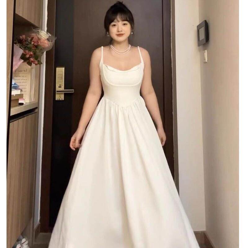 大码胖mm白色吊带连衣裙女夏季新款法式气质抹胸裙收腰显瘦长裙子