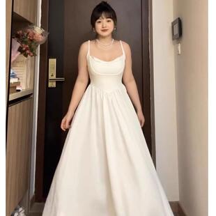 大码胖mm白色吊带连衣裙女夏季新款法式气质抹胸裙收腰显瘦长裙子