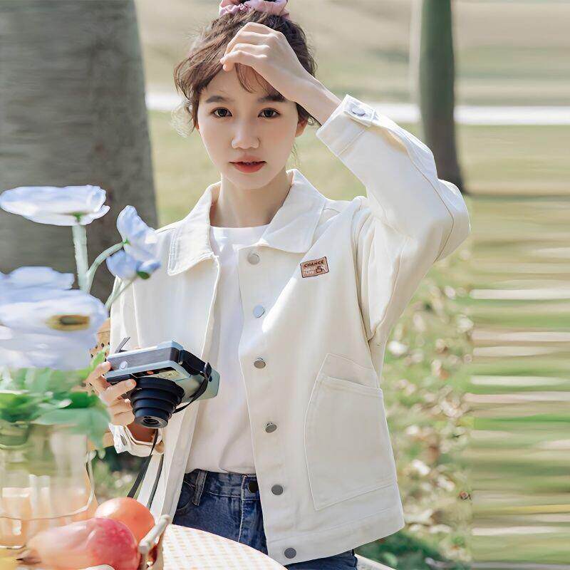 白色牛仔外套女2025春秋装新款复古港风工装夹克学生百搭长袖上衣