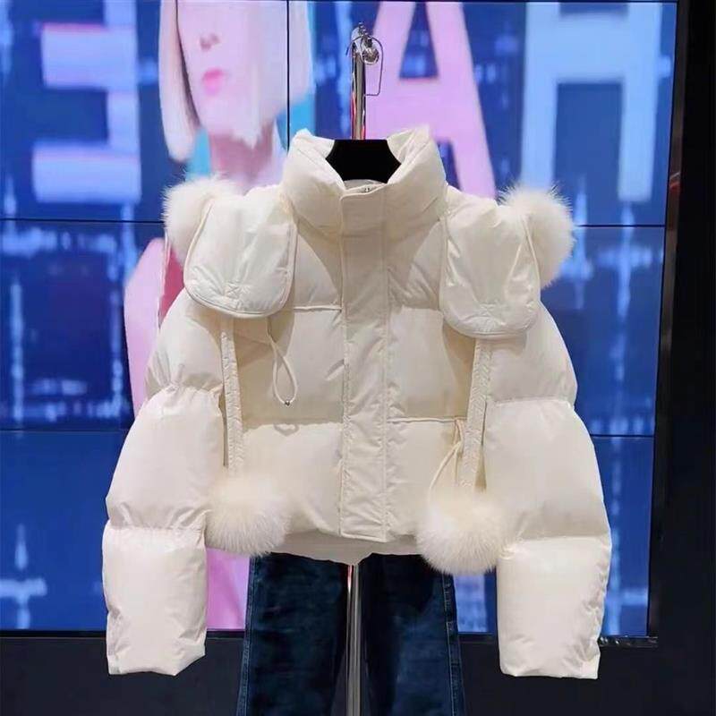 冬季新款小香风高级感韩系小个子白色毛领加厚连帽短款面包服外套