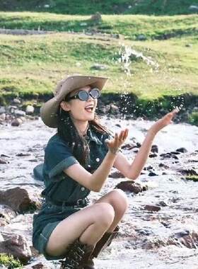美式polo领垫肩蓝色牛仔短袖连体裤女单排扣阔腿卷边短裙女配腰带
