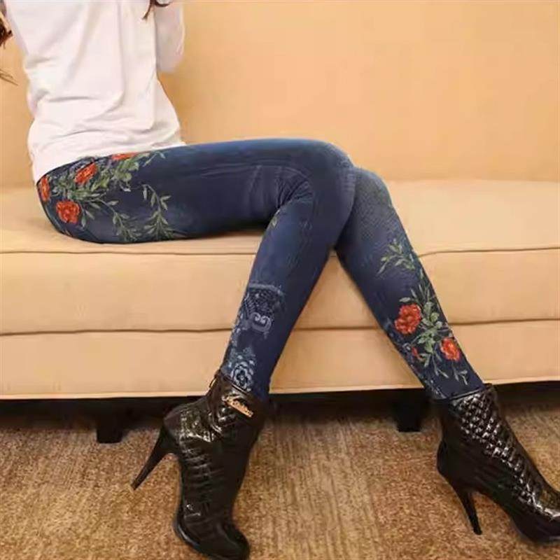 [加绒/不加绒】秋冬女外穿印花仿牛仔打底裤中老年裤子显瘦女花裤