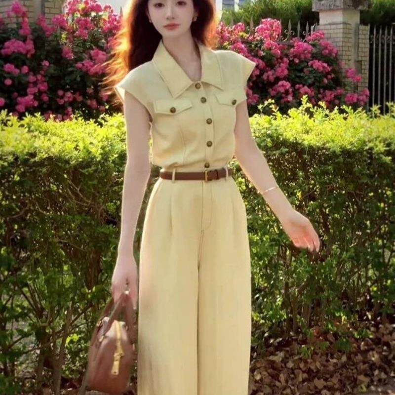 设计黄色Polo领牛仔上衣高腰裤两件套女装2025夏季新时尚套装