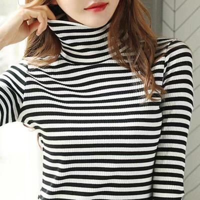 棉加绒高领条纹打底衫女秋冬装韩版堆堆领长袖t恤女修身内搭上衣